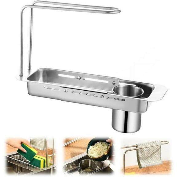 Stainless Steel Kitchen Sink Drying Rack, Expandable Sponge Holder & Faucet Organizer with Detachable Filter Basket, Retractable Dish Drainer for Countertop