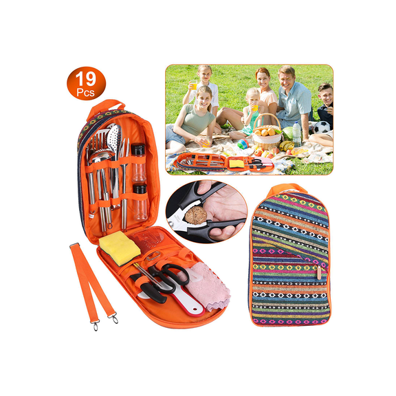 Unbranded 19Pcs Portable Camping Cooking Utensil Set, Outdoor BBQ Kitchen Cookware Kit with Storage Bag, Orange