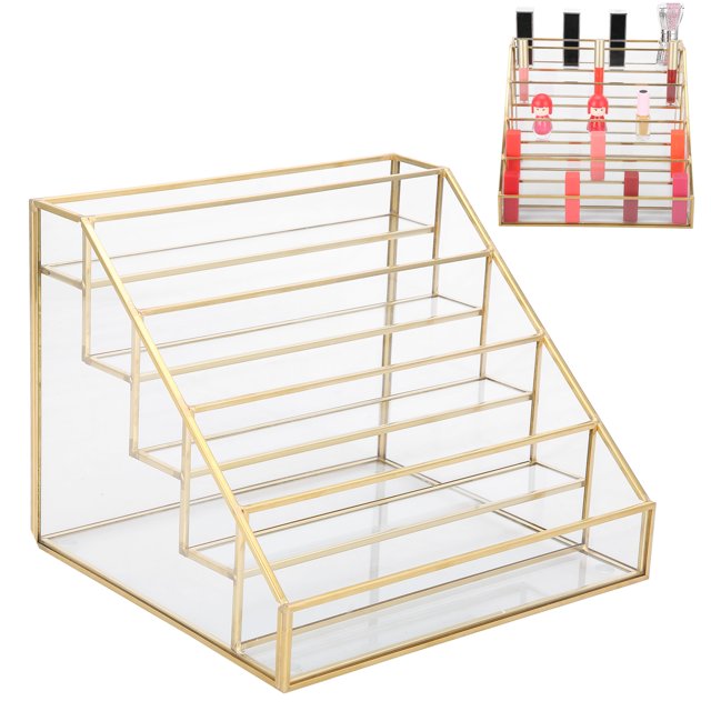 Estante de Exposición de Esmalte de Unas de Vidrio, Soporte para Bálsamo de Brillo de Labios, Estante de Escrito de 5 Capas Con Esquinas de Cobre para Cosmética,