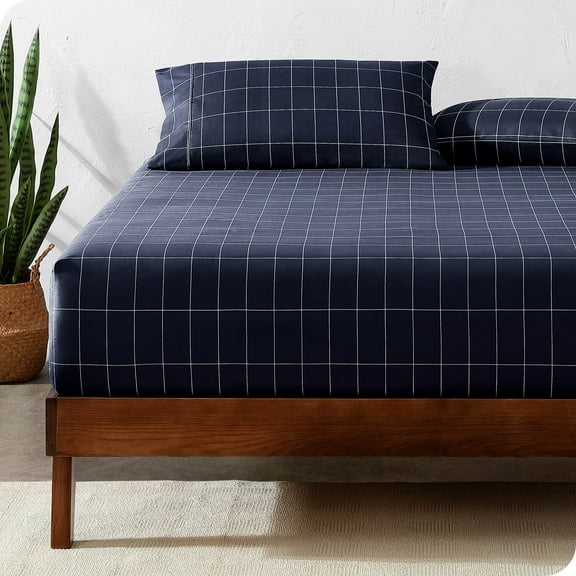 Bare Home Luxury 1800 Collection Fitted Sheet, Ultra-Soft, Deep Pocket, King, Grid - Midnight/White