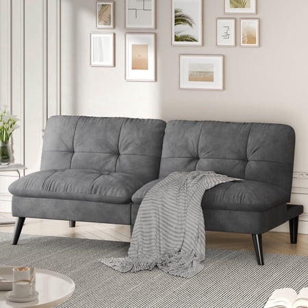 Walsunny 60" 3 in 1 Convertible Sofa Bed, Foldable Sleeper Futon Couch Bed with 3-Angle Adjustment, Soft Dutch Velvet Loveseat Couch for Small Space, Suitable for Relax, Dark Grey
