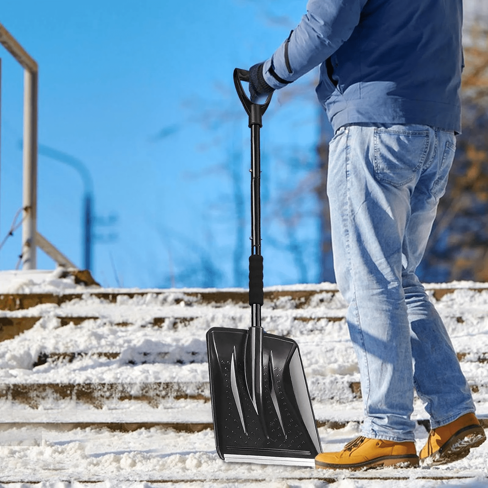 1 Large Multi-Functional Outdoor Snow Shovel Shovel for Car and 42.5 Inch Foldable Lightweight Aluminum Alloy Ice Scraper Ergonomic Handle for Emergency Removal Garden Black