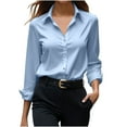 thumbnail image 2 of EchfiProm Shirts for Women Lapel Satin Button down Tops Casual V-Neck Business Blue Pullover Womens, 2 of 6