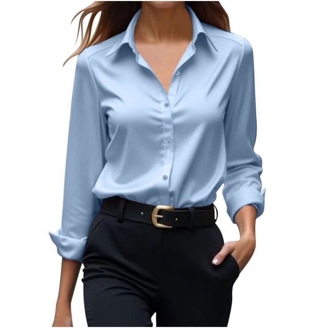 Yanlir Chemisier Haut à Revers en Satin Uni pour Femme, Printemps Automne, Col Rond, Mode Décontractée, Blouse à Boutons, Chemise Confortable pour Bureau Travail Tenue Quotidienne (Bleu, 2TG)