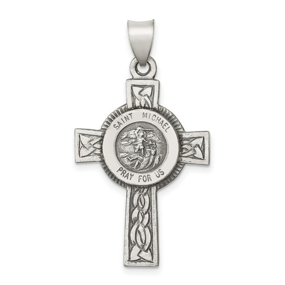 Sterling Silver Saint Michael Celtic Cross Pendant Necklace for Men or Unisex, Christian Religious Medal Symbolizing Faith and Protection
