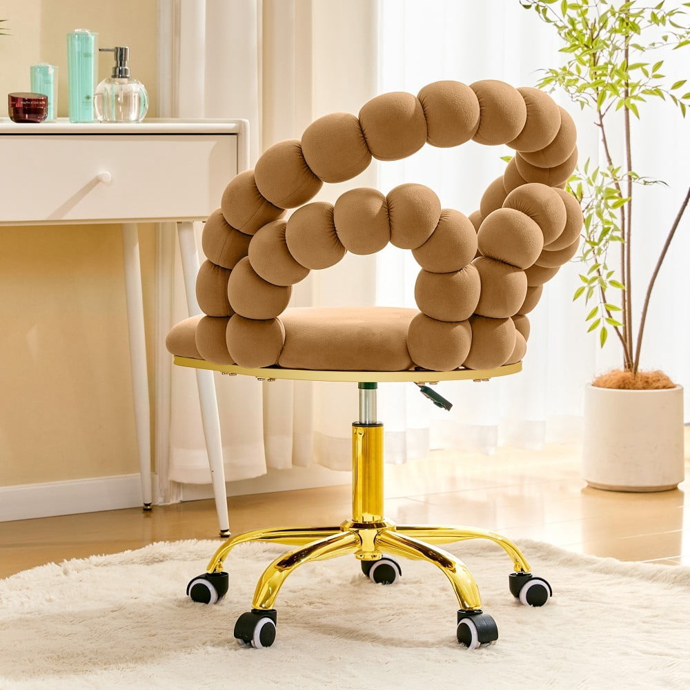 Velvet Office Chair, Adjustable Swivel Desk Chair with Bubble Back, Gold Metal Base, Rolling Vanity Chair for Home Office, Bedroom & Makeup Room, Brown