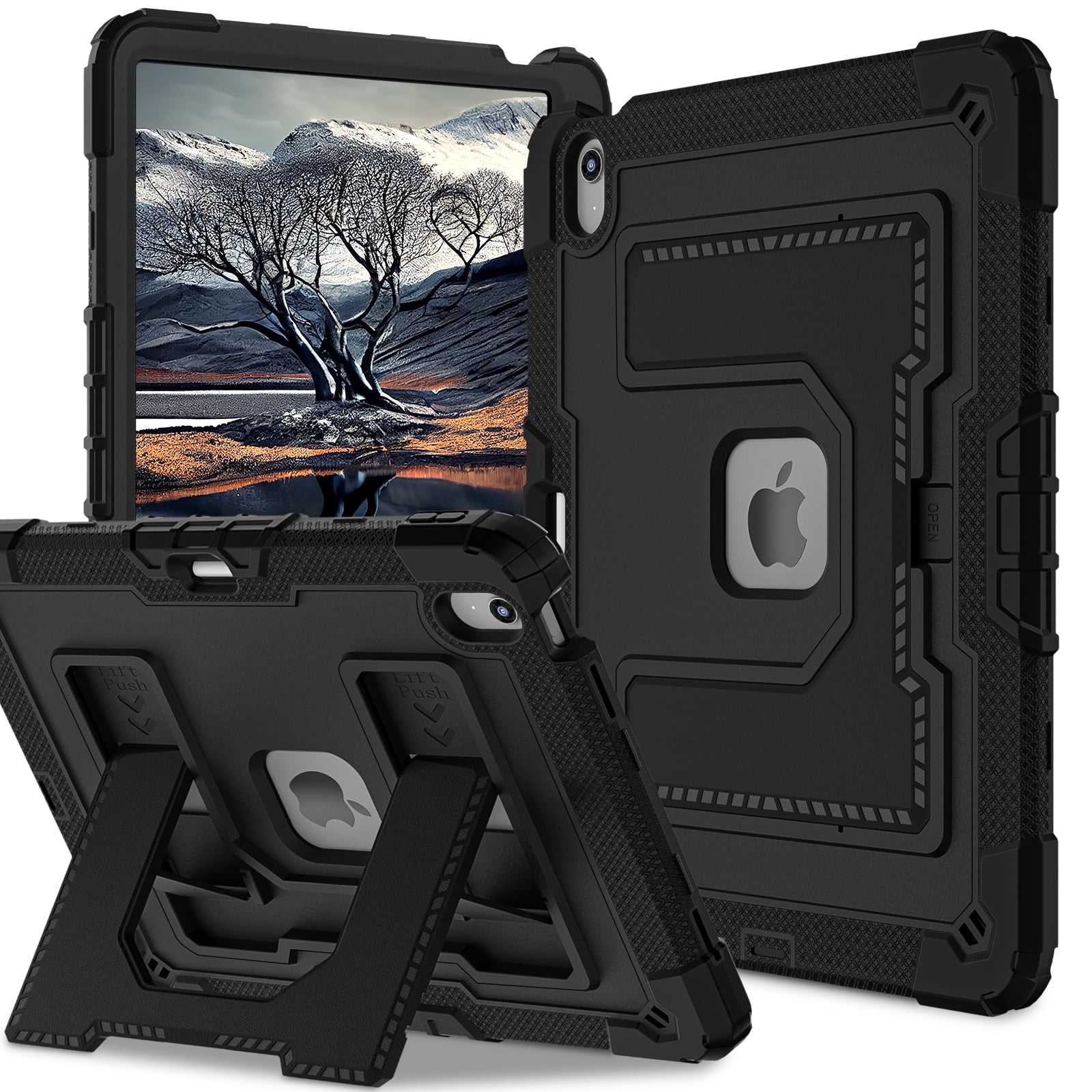 ELEHOLD 3-Layer Rugged Case For Apple iPad Air 13‑inch (M4) 2026, Heavy Duty Shockproof Logo Visible Foldable Kickstand Drop Protection Cover with Pencil Holder + Shoulder Strap, Black