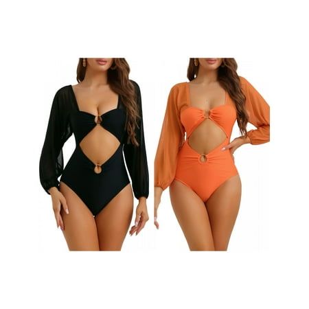 Women s Cut Out Ring Plunge Neck Shirred Bikini  One Piece Long Sleeves Mesh Tummy Control Combination Set Swimsuit Bathing Suit X-Small Black  Light Orange