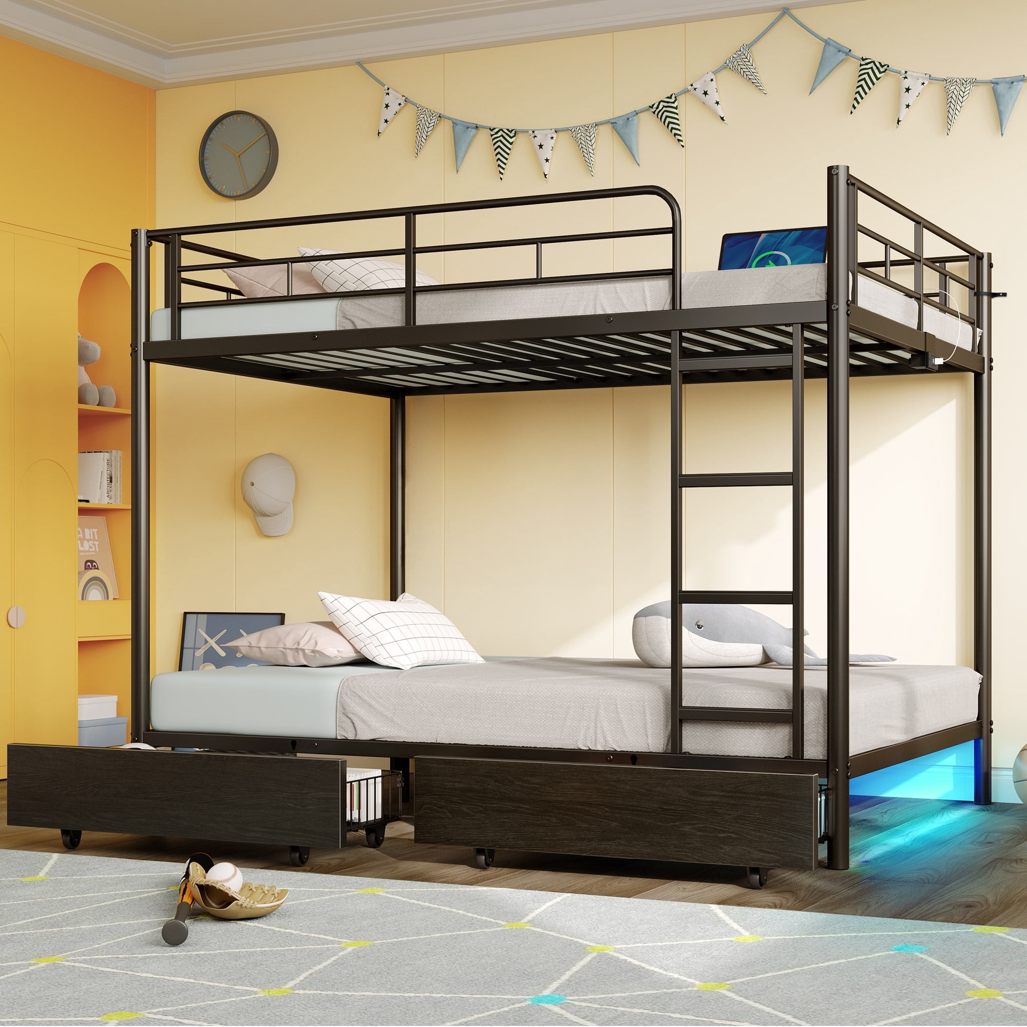 Greenstell Full Size Metal Bunk Bed with USB Charging Station, LED Bunk
