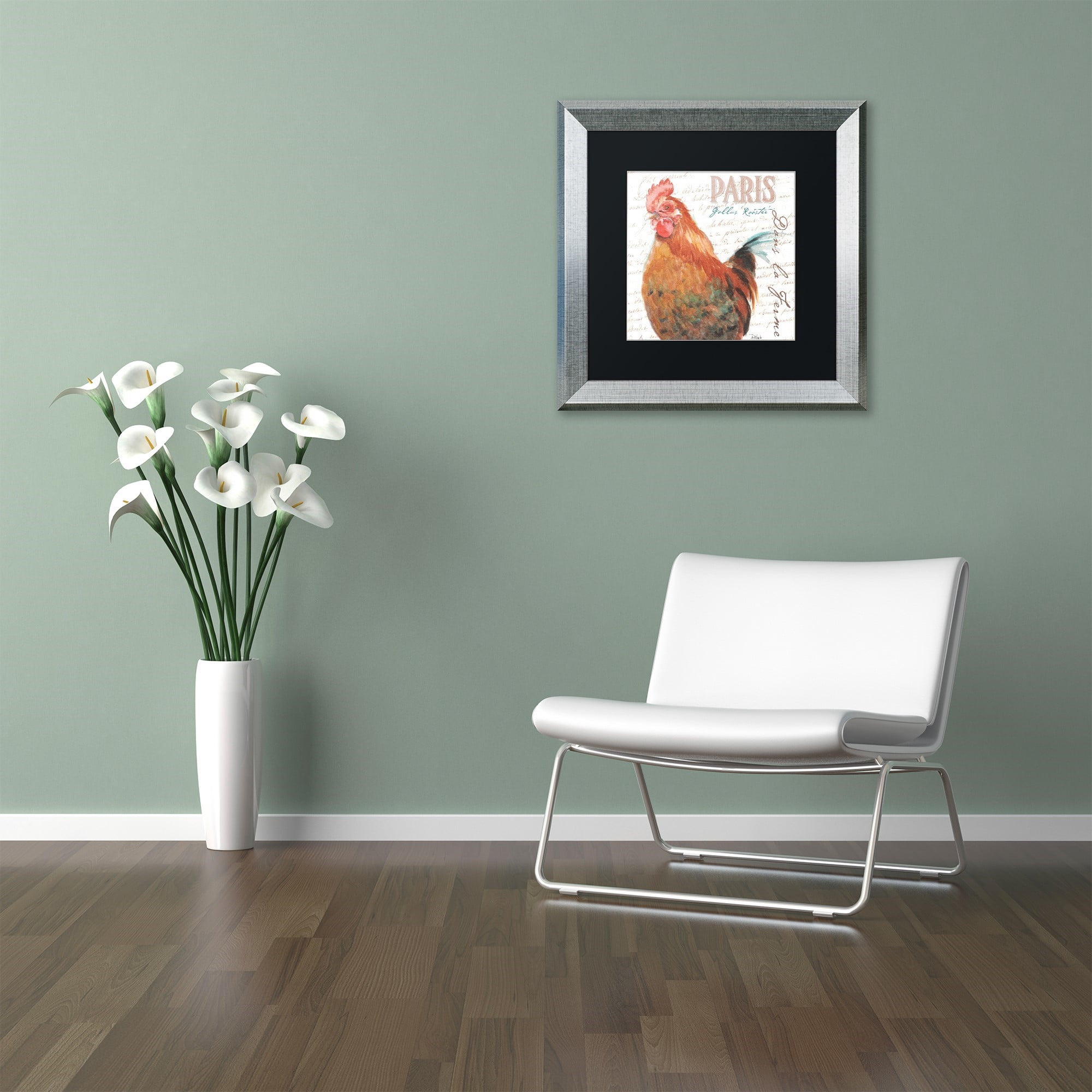 Trademark Fine Art "Dans la Ferme Rooster I" Canvas Art by Jennifer Redstreake Black Matte, Silver Frame