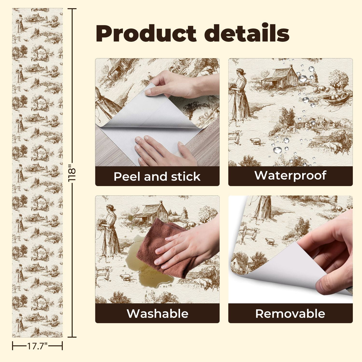 Peel and Stick Wallpaper Pastoral Countryside Toile Farmhouses Sheep River Wall Mural 17.7in x 9.8ft Self Adhesive Removable Wall Paper Renter Friendly Wallpaper for Nursery Bedroom Cabinets