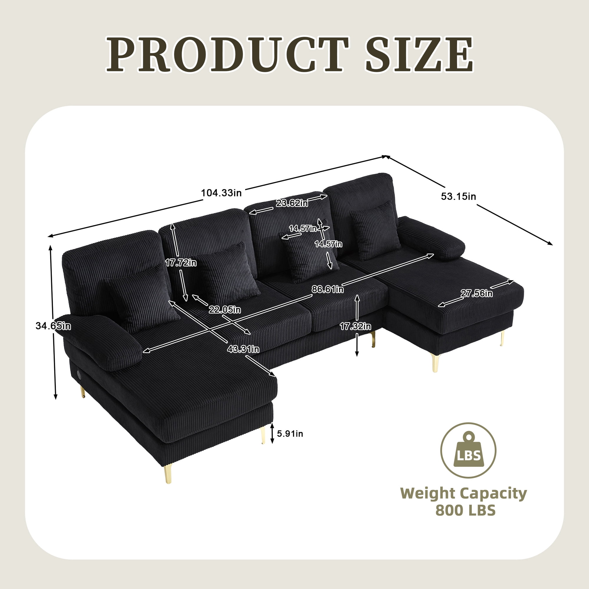 MOONMISS Corduroy Upholstered U-shaped Adjustable Light Modular Sectional Sofa With Type-C and USB ports-Black