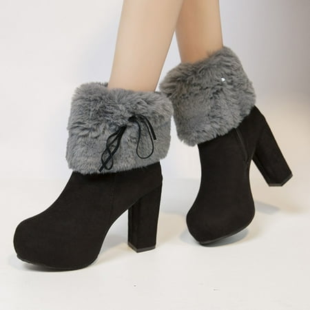 

YOTAMI Women s Boots Shoes Winter Warm Fashion High Heel Round Toe Casual Solid Color Suede Platform Plush Snow Ankle Boots Low-heeled Gray 4.5
