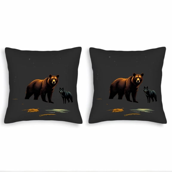 Set of 2 Throw Pillow Covers 18x18in - Wilderness Design with Brown Bear & Black Wolf on Starry Night Perfect for Couch Bed Car