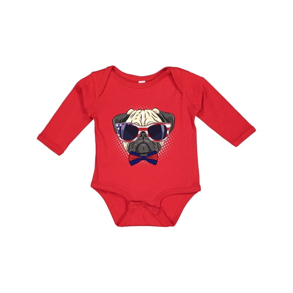 Inktastic Pug Dog July 4th Patriotic Sunglasses Boys or Girls Long Sleeve Baby Bodysuit