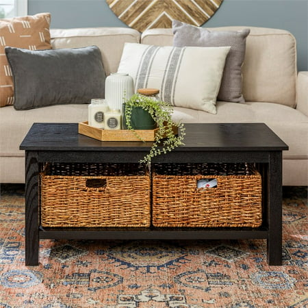 40 Wood Storage Coffee Table In Black, Black Coffee Table With Wicker Baskets