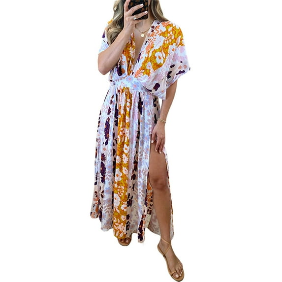 Seyurigaoka Women’s Short Bat Sleeve Dress, Fashion Print V-neck High Waist Slit A-line Long Dress