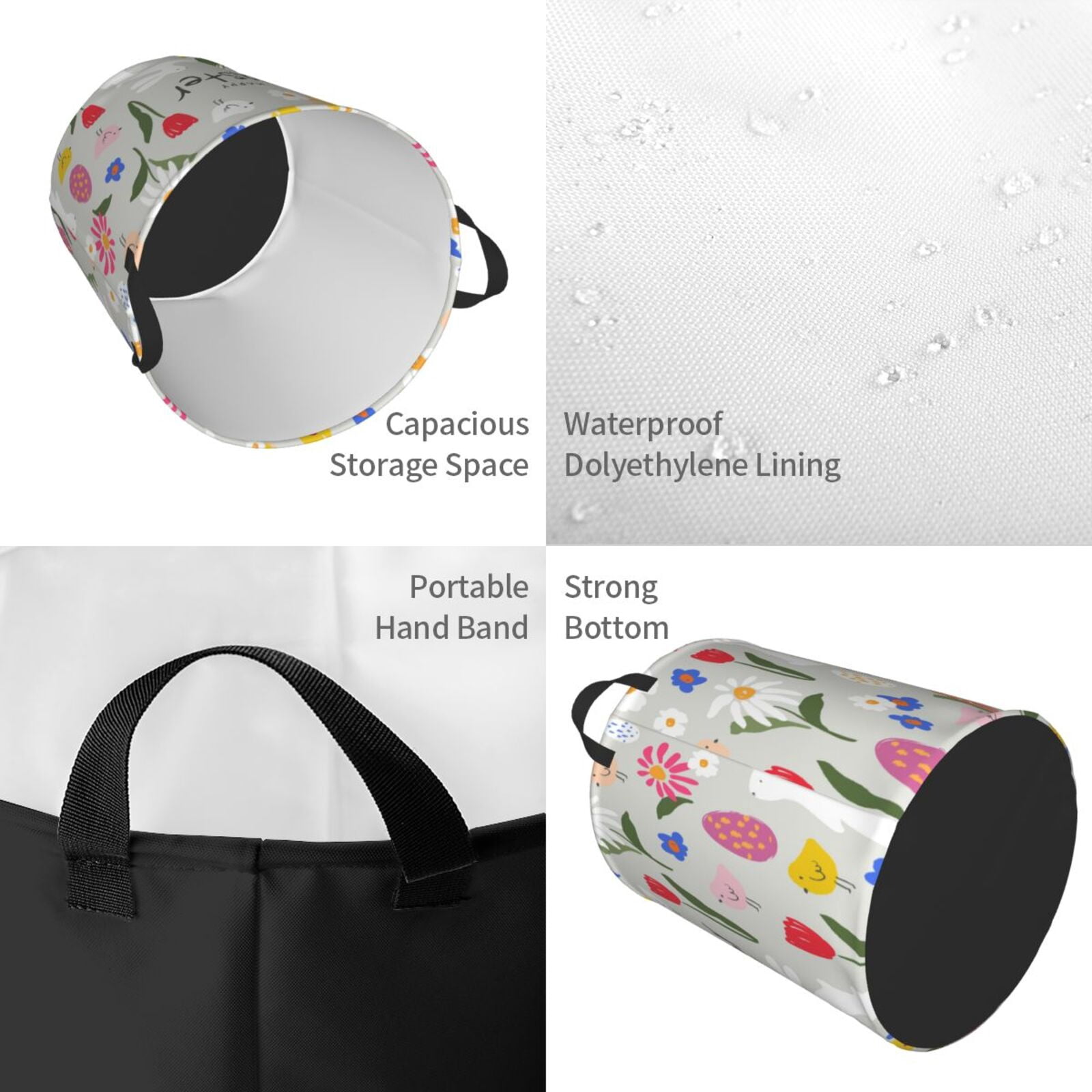 Gukieu Happy Easter Print Round Dirty Clothes Bag, Waterproof Standing Home Bathroom Storage Basket Car Trunk Storage Bag-Small