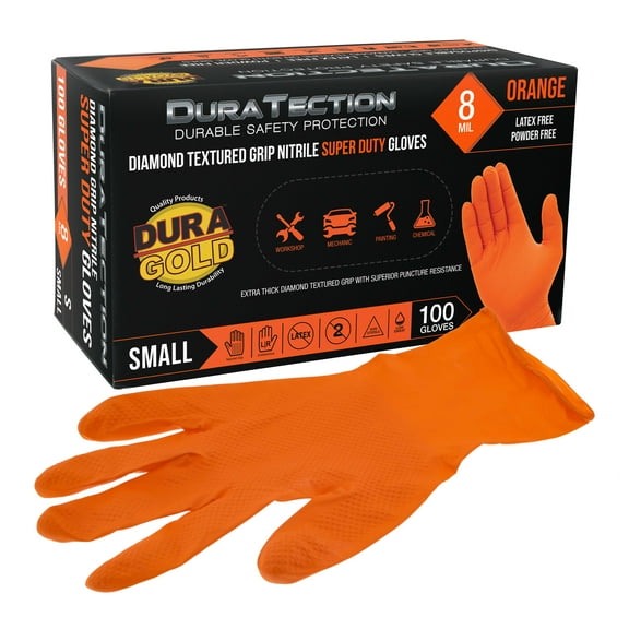 Dura-Gold Duratection 8 Mil Orange Super Duty Diamond Textured Nitrile Disposable Gloves, Box of 100, Small - Latex Free, Powder Free, Food Safe, Safety Protection Work Gloves, Mechanical, Industrial