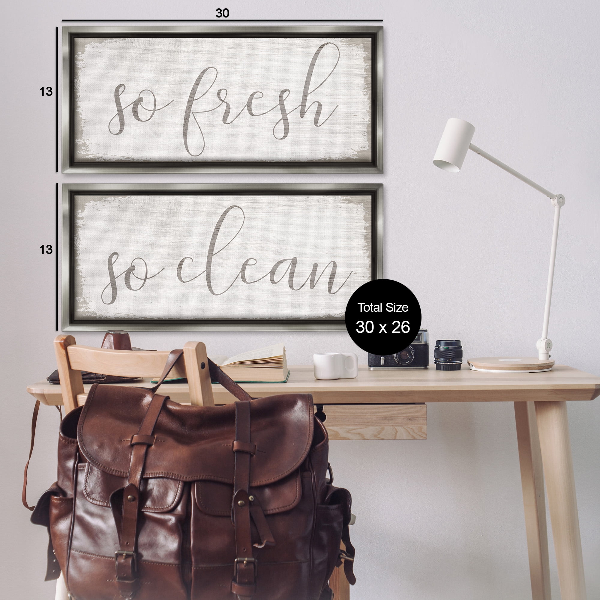 Stupell Industries Rustic White So Fresh So Clean Typography Painting Gray Floater Framed Canvas Art Print Wall Art, 31 x 14, Set of 2