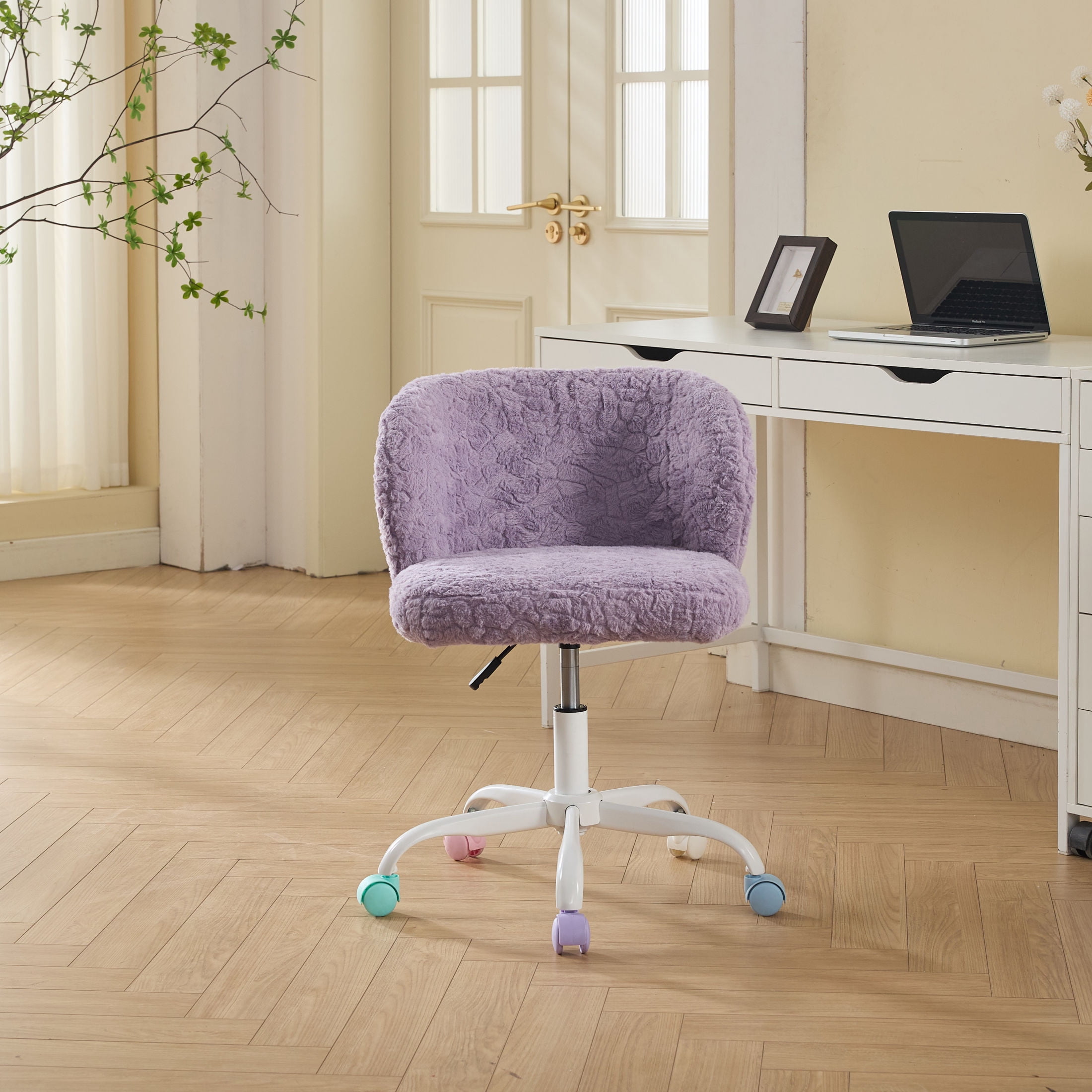 GDF Studio 22.5"W Faux Fur Office Chair with Adjustable Height, Swivel Metal Base, Violet