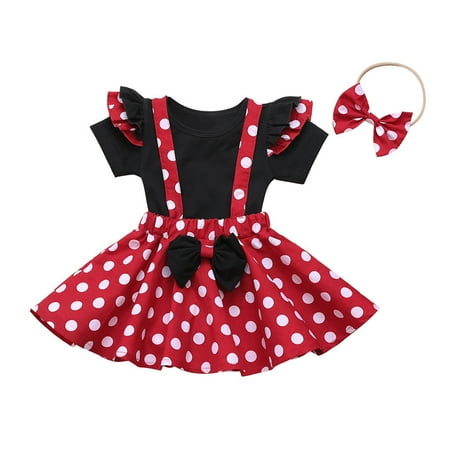 

Skirt Tops Girls Set T-shirt Outfits Headband Polka Suspender Dot Toddler Bow Baby Girls Outfits&Set Casual Clothes For 18-24 Months