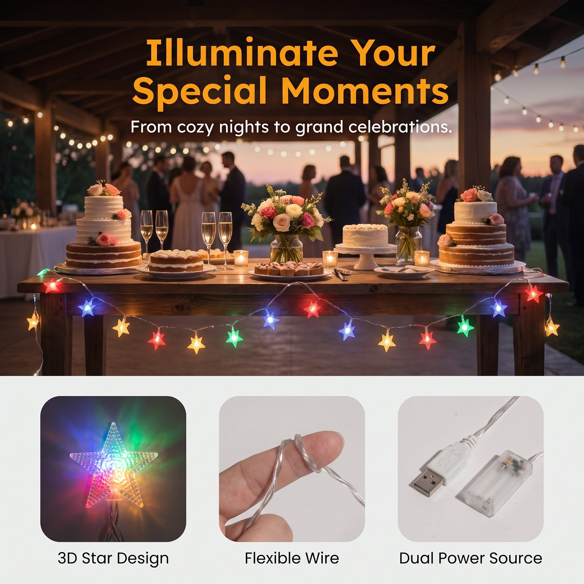 Unique Bargains 3D Star Lights with Flexible Design 9.8 ft Colorful USB Powered