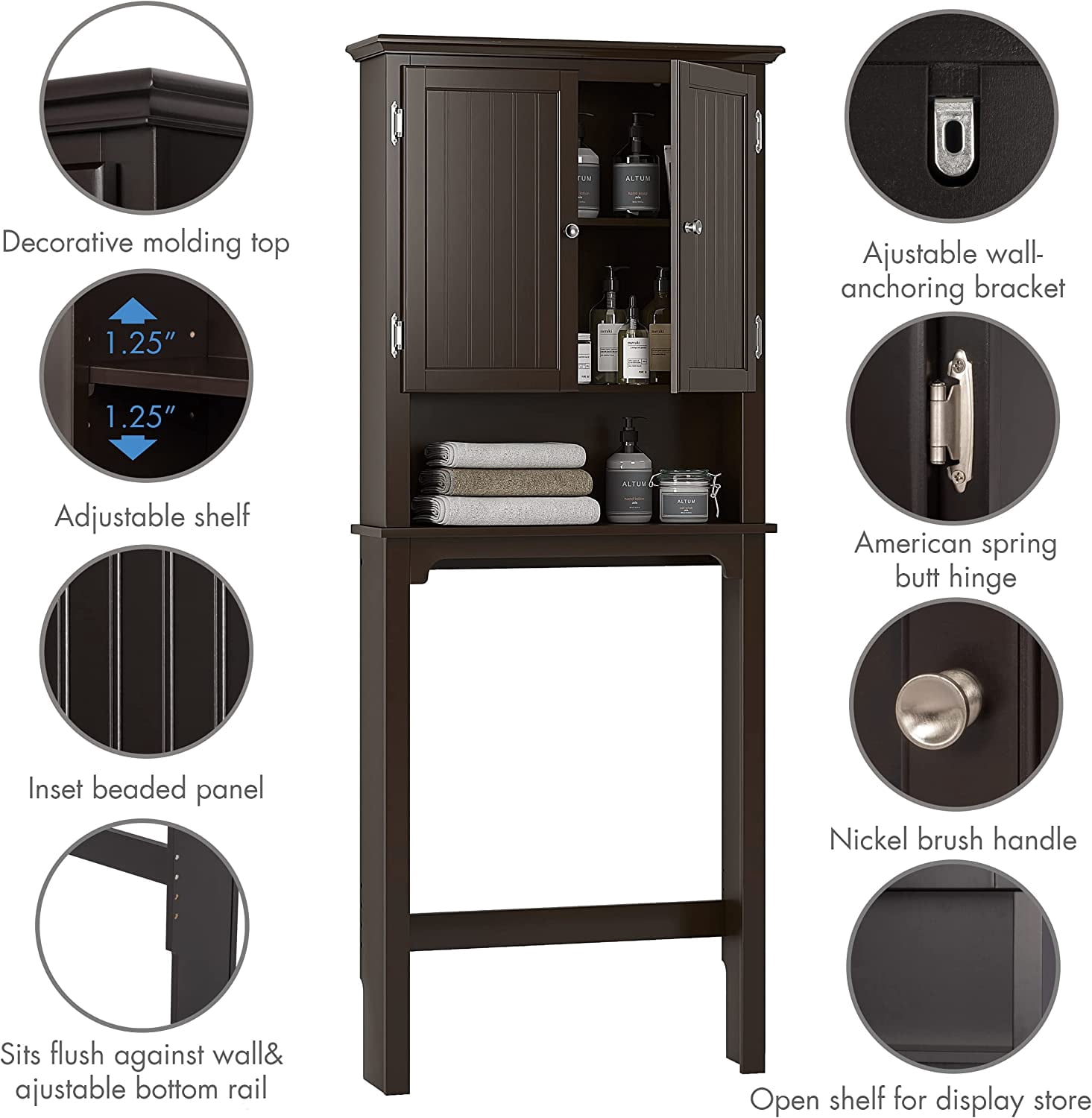 UTEX Bathroom Storage Over The Toilet, Bathroom Cabinet Organizer with Adjustable Shelves and Double Doors, Wood Bathroom Space Saver,Espresso