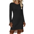 thumbnail image 3 of Jinhomg Womens Long Sleeve Sweater Dresses Trendy Casual Mini Dress with Tassel Hem Ribbed Knit Fringe Short Dresses Western Cowboy Y2K Outfits, 3 of 7
