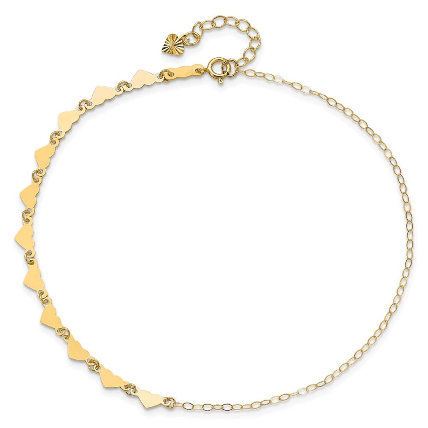 Primal Gold 14 Karat Yellow Gold Oval Link Chain with Hearts 9-inch Plus 1-inch Extension Anklet