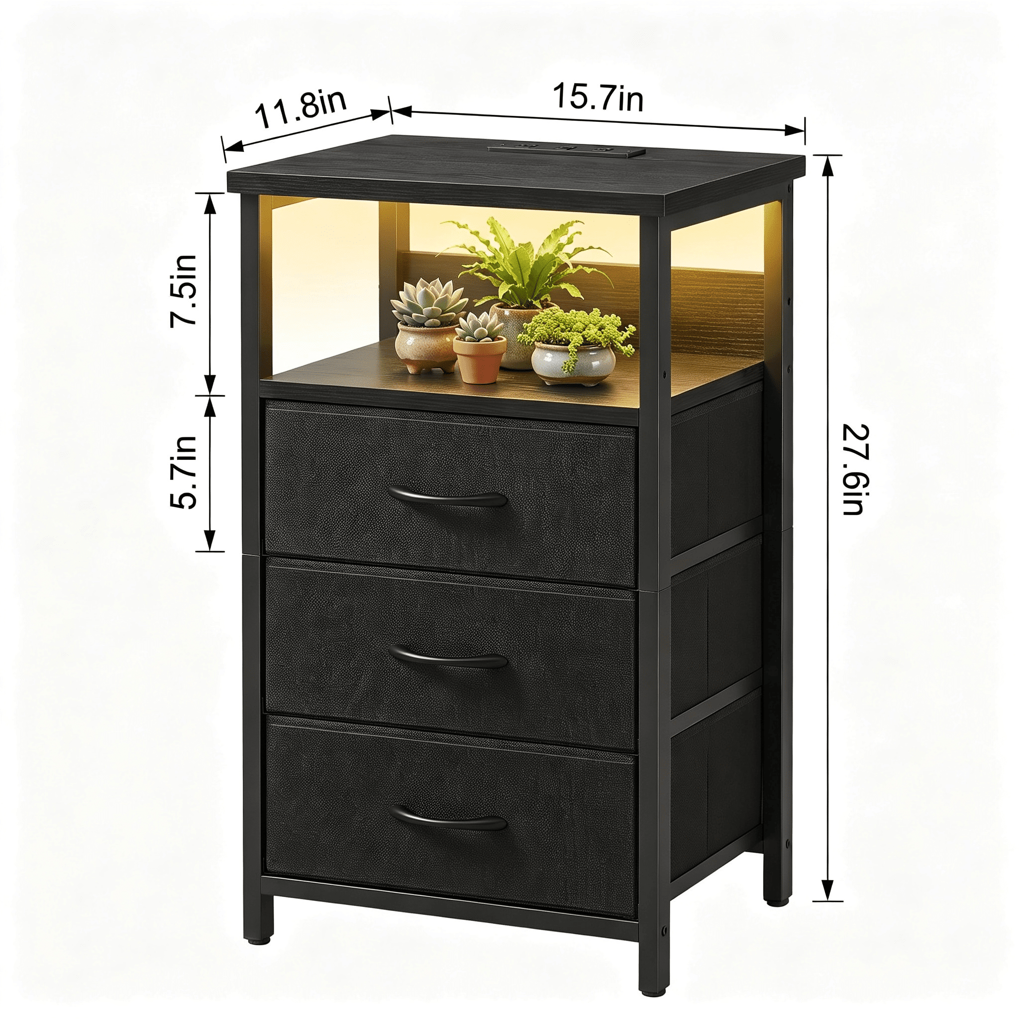 Nightstand with Charging Station, 3 Fabric Drawers, LED Light and Open Shelf, Iron Frame Bedside End Table for Bedroom