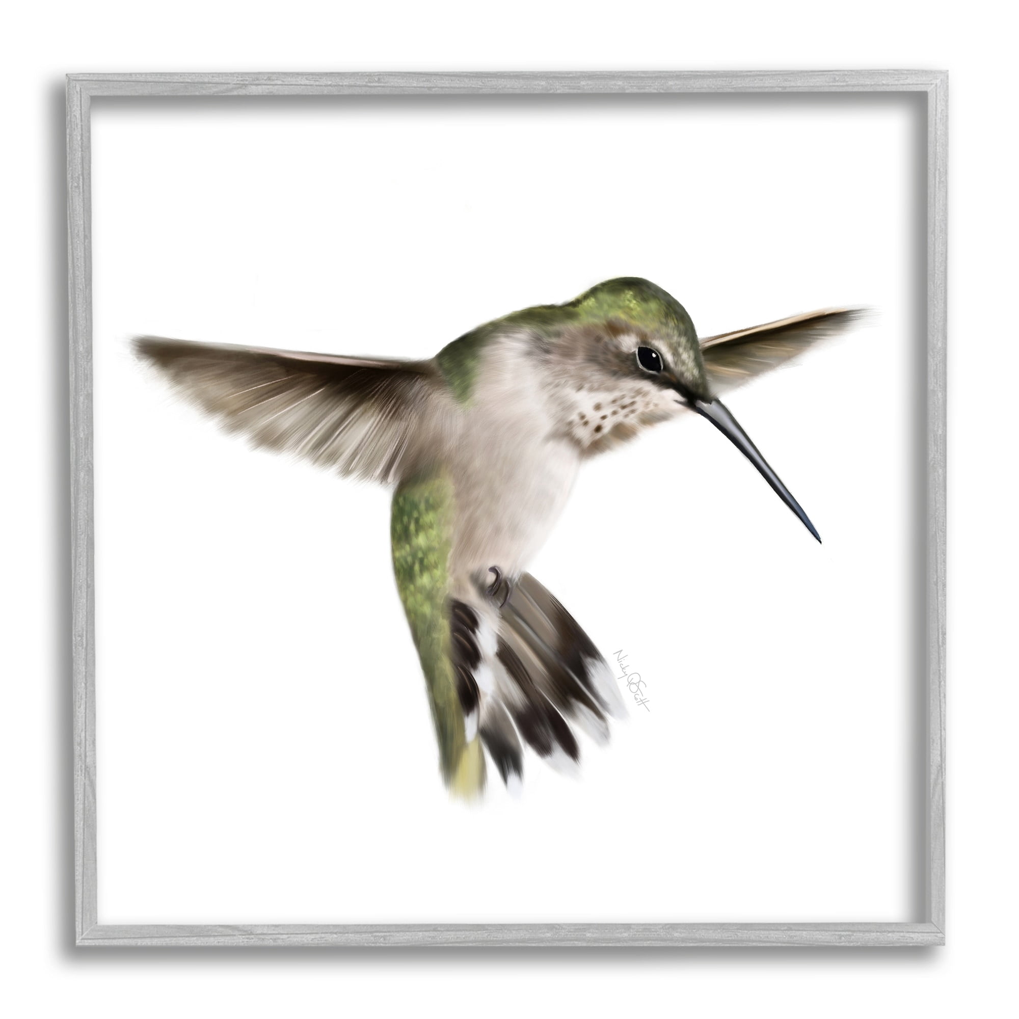Stupell Industries Green Hummingbird Hovering Wings Flying Bird Beak Graphic Art Gray Framed Art Print Wall Art, Design by Studio Q