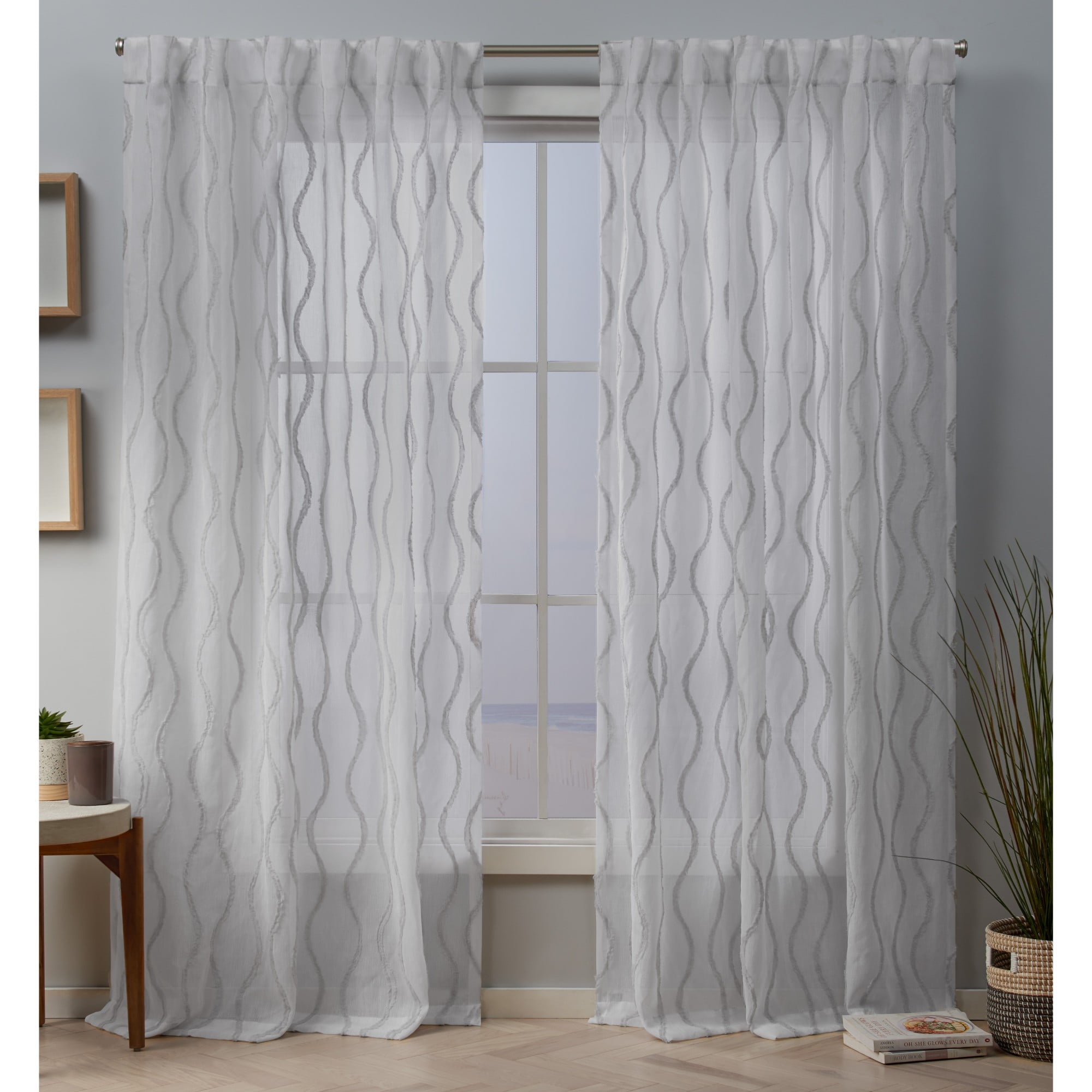 Exclusive Home Curtains 2 Pack Belfast Woven Wave Embellished Sheer