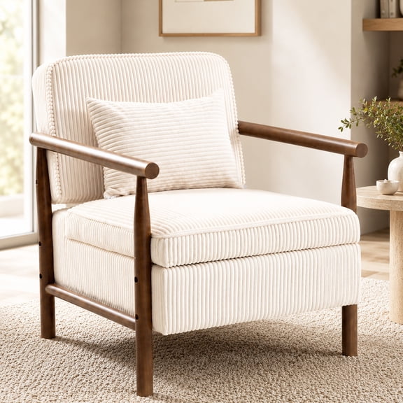 Accent Chair, LEGAHOME Mid-Century Modern Living Room Chair with Hidden Storage, Comfy Upholstered Reading Chair, Corduroy Cozy Arm Chair for Bedroom Corner, Antique White