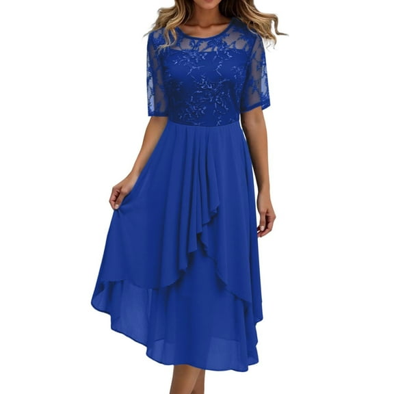 Wedding Guest Dresses for Women, Women's Casual Floral Print Chiffon Dress Short Sleeve Loose Fit for Daily Wear and Evening Blue L Chiffon Material
