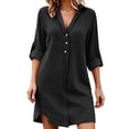 thumbnail image 2 of Plus Size Dress Women's Linen Shirt Dress 3/4 Roll-Up Sleeve Button Down Casual Loose Tunic Dress for Summer Beach Black L, 2 of 9