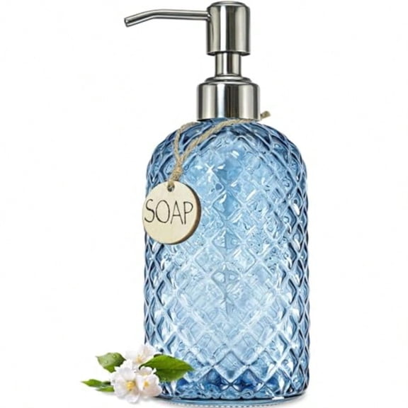 18Oz Gem Patterned Glass Soap Dispenser for Kitchen and Bathroom Refillable with Rust Proof Stainless Steel Pump Blue