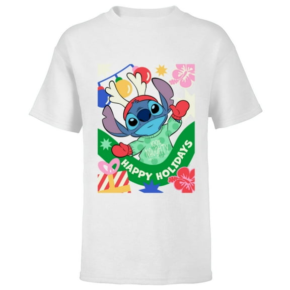 Disney Lilo & Stitch Happy Holidays 100% Naughty Christmas - Short Sleeve T-Shirt for Kids - Customized-White