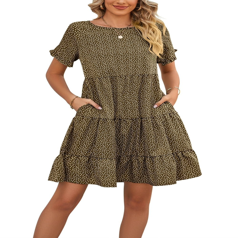 Women‘s Short Sleeve Swing Dress with Floral Tiered Pattern for Summer