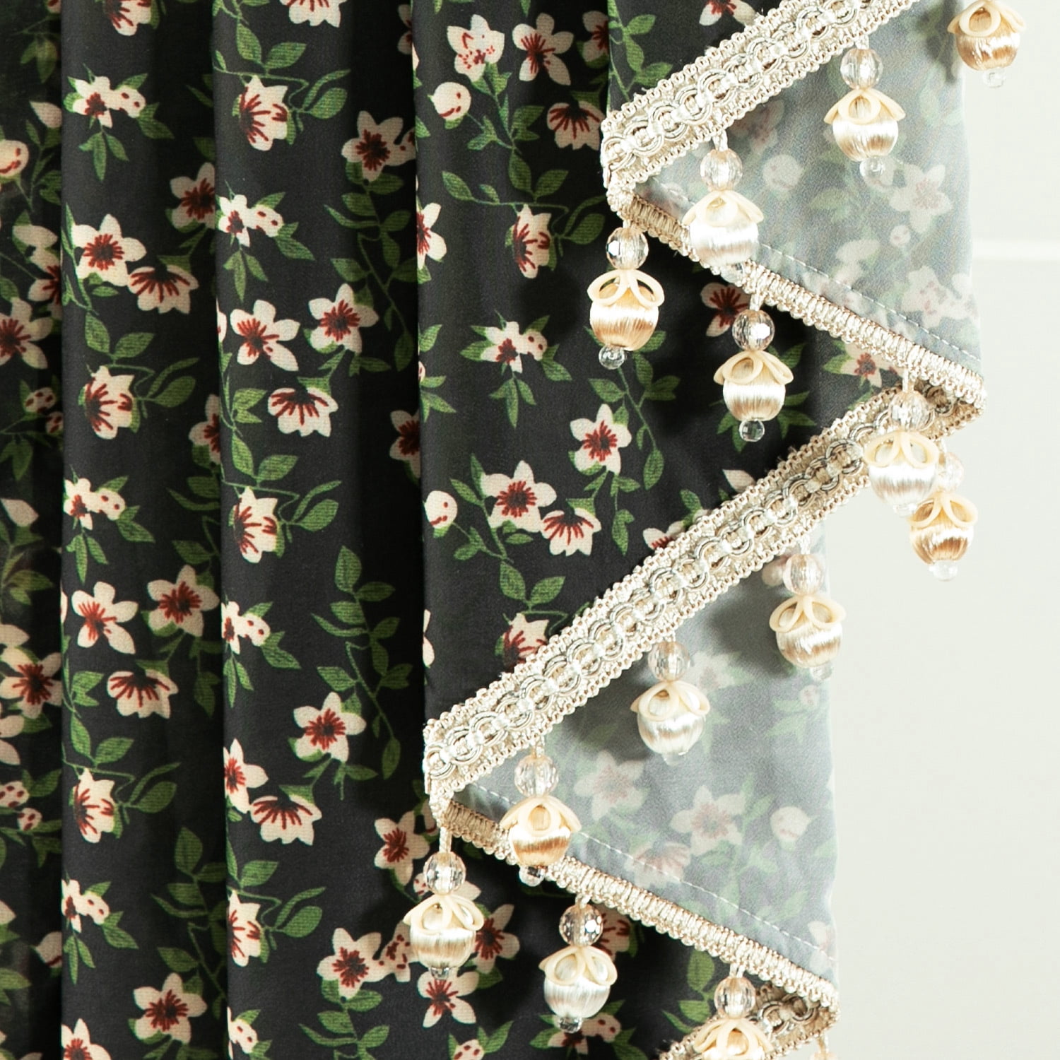 VOGOL Waterfall Valance 59" Wide Pink Cherry Blossoms on Black Sheer Voile, Farmhouse Vintage with Beaded Tassels