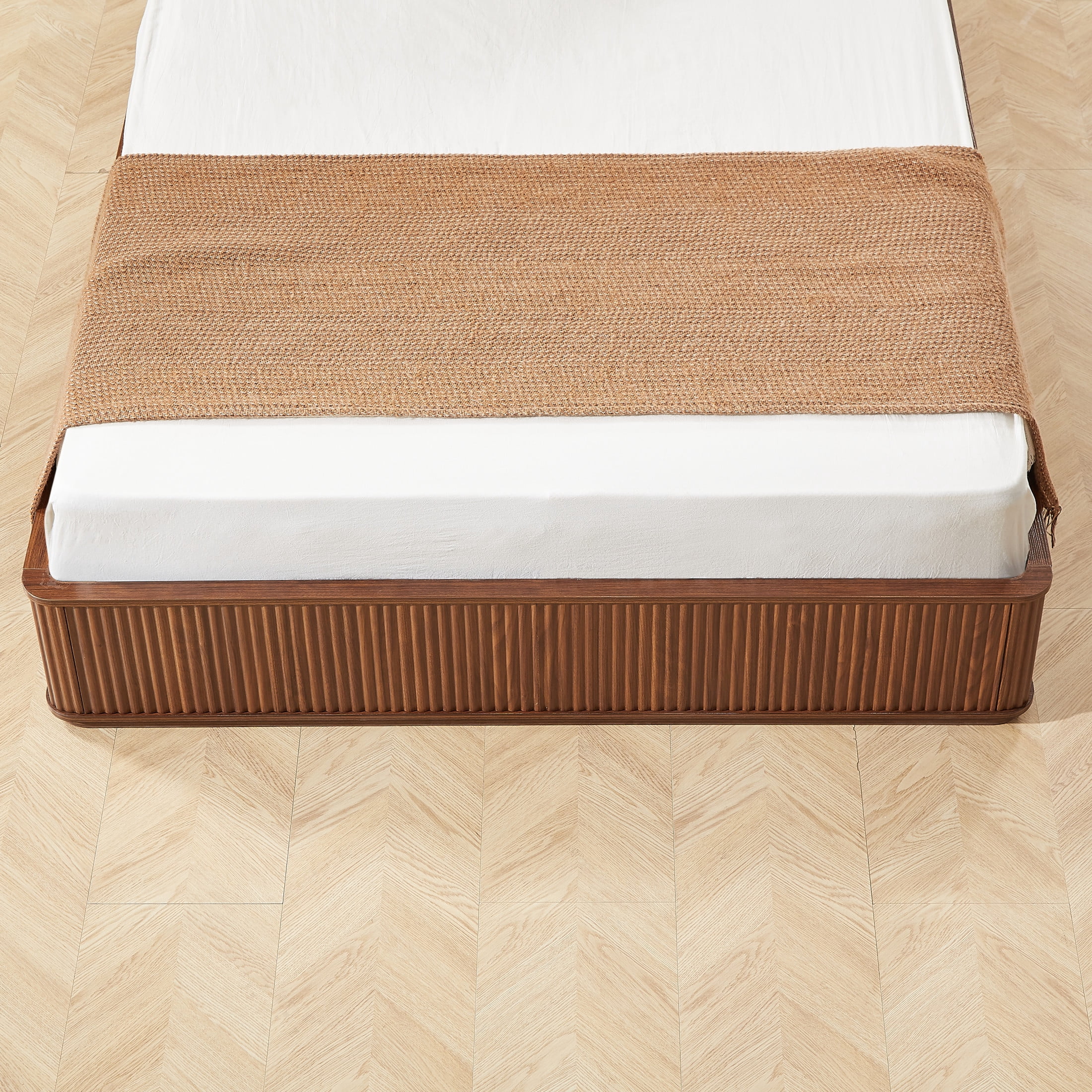 Noble House Queen Platform Bed Frame with 44.49" Flat Fluted Headboard, Wood Slat Support, Walnut