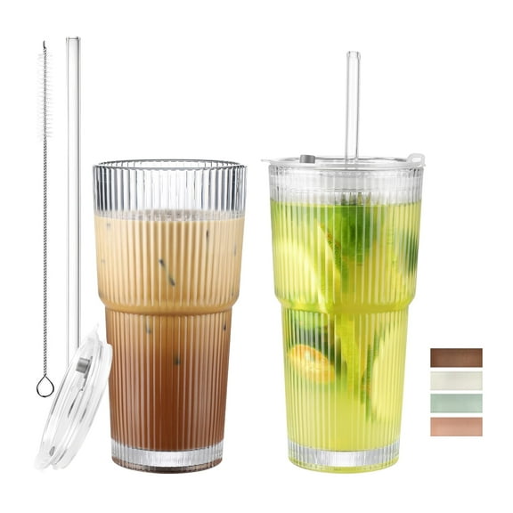 KOCHIC CRATE 2Pcs Glass Cups with Lids and Straws, 18oz Ribbed Glass Tumbler Drinking Cup with Sleeve
