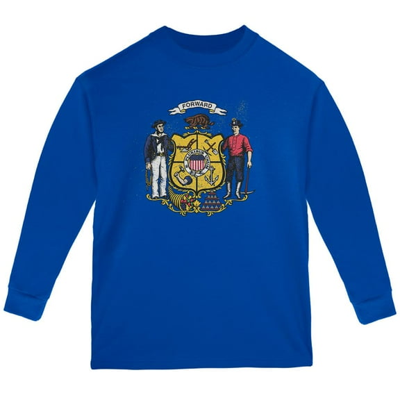 Born and Raised Wisconsin State Flag Youth Long Sleeve T Shirt Royal YXL