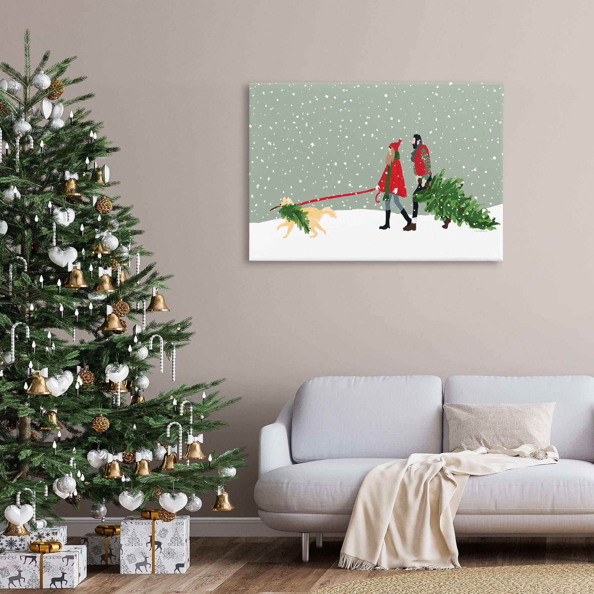 Stupell Industries Couple with Christmas Tree Holiday Painting Gallery Wrapped Canvas Art Prints Wall Art, 45 x 30