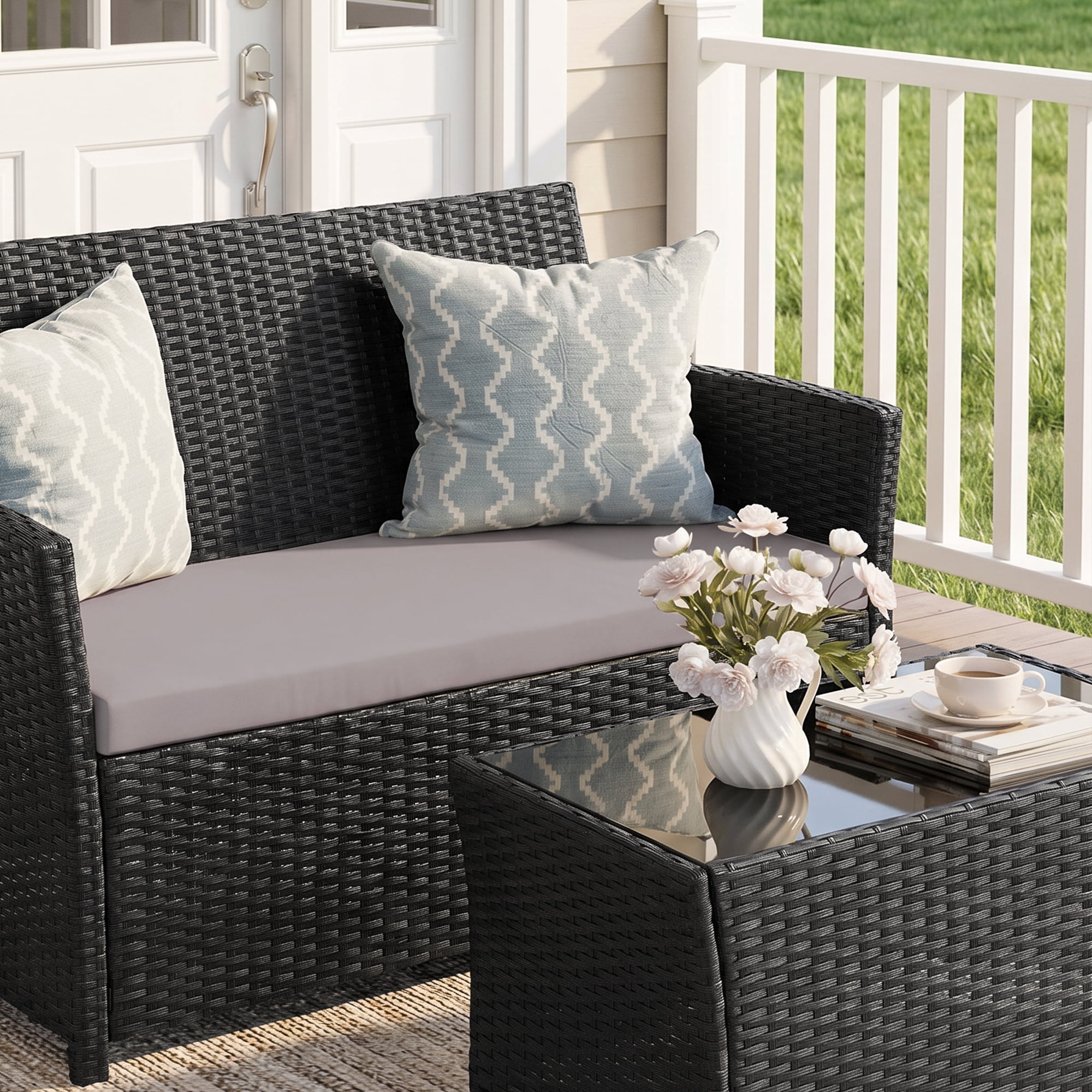 FHFO 4 Piece Patio Furniture Set,Outdoor Wicker Conversation Sets,Rattan Sectional Sofa w/Coffee Table,Seat Cushions for Backyard Porch Garden Poolside - Black Wicker/Gray Cushions