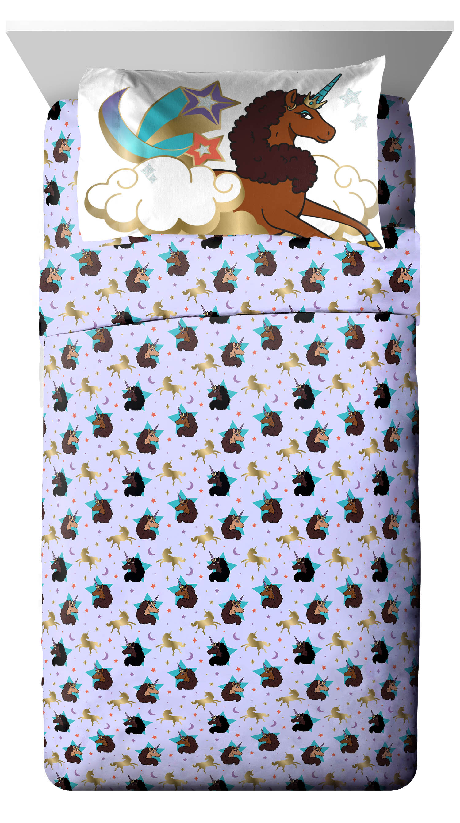 Afro Unicorn Blue 5 Piece Twin Bed Set w/ Sham, 100% Microfiber
