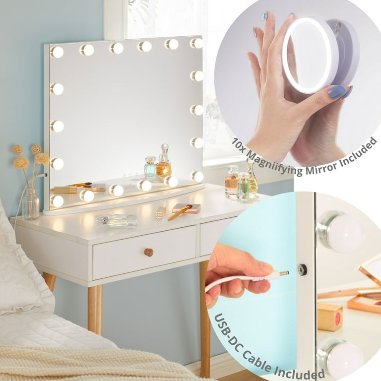 Luxfurni Vanity Mirror with Lights Large Hollywood Makeup Mirror Tabletop &  Wall Mounted White 