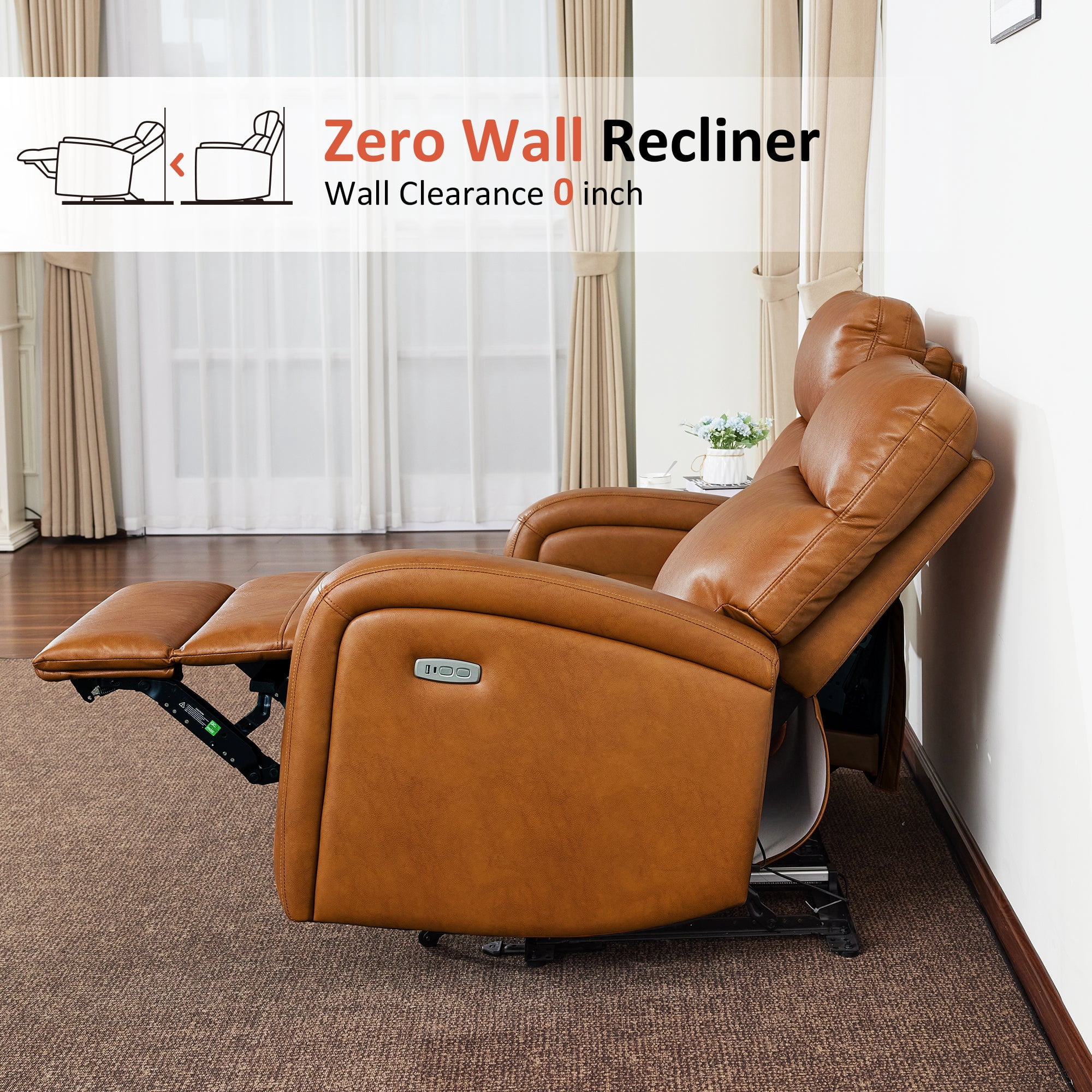 MCombo 56" Zero Wall Hugger Power Recliner Loveseat Sofa for Small Space, Living Room, RV, Cognac Brown