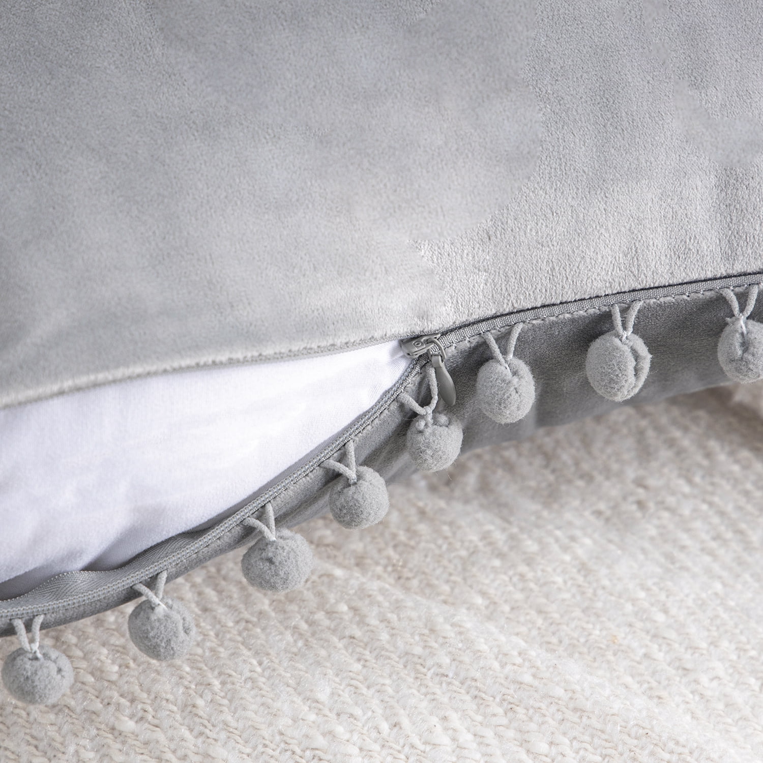Phantoscope Velvet Series Pom Pom Rectangle Decorative Throw Pillow, 12" x 20", Gray, 1 Pack