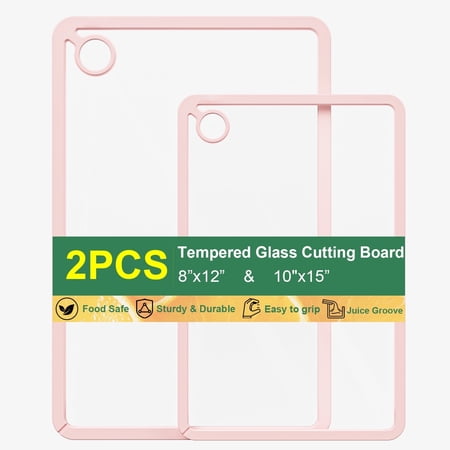 LANGBOHOS Tempered Glass Cutting Board for Kitchen with Juice Groove, Non-Slip Silicone Edges, Non-Toxic & Dishwasher Safe Glass Cutting Board with Hanging Hole(Pink)